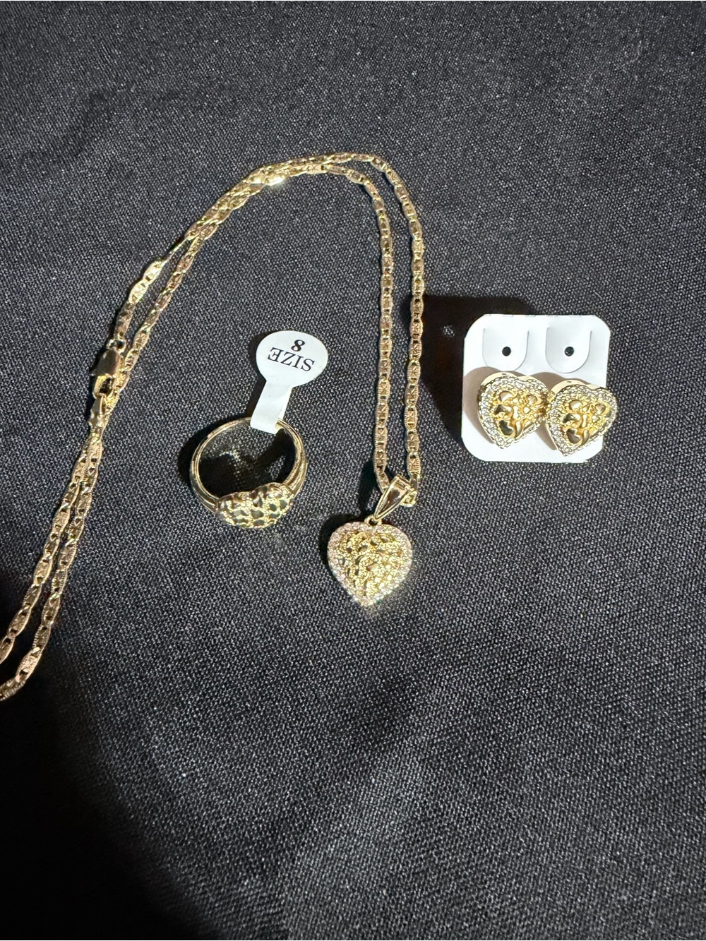 Gold Heart Jewelry Set - Necklace, Ring & Earrings